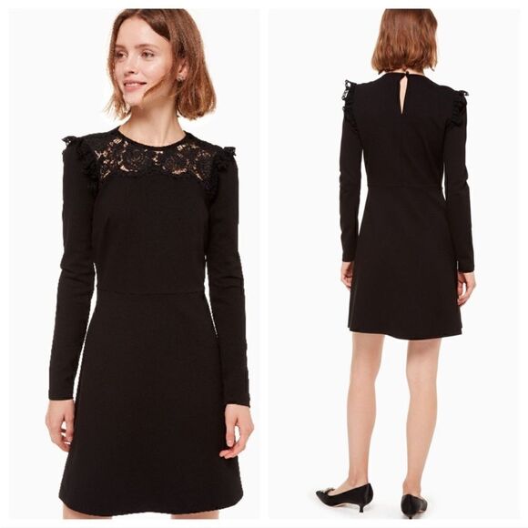 Kate Spade Women’s Size M Dress Black Lace Yoke Ponte Long Sleeve A-Line - Picture 1 of 13